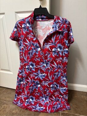 Tommy Bahama Red Floral Short Sleeve Zip Polo Top